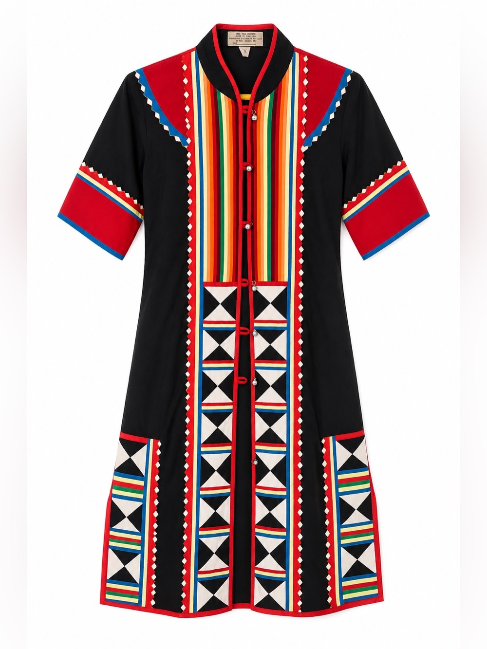 Vintage Thai Cotton Handmade Dress Black Rainbow‎ Geometric Folk Boho Midi Dress